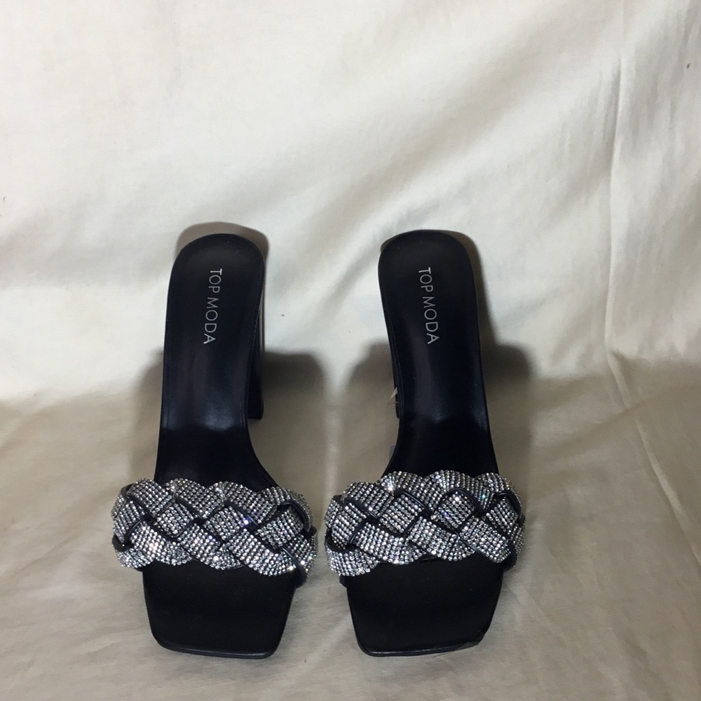 TOP Moda Black Slide Mules with Braided Crystal Strap